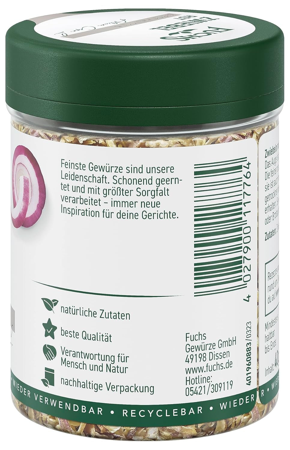 Fuchs Gewürze - Zwiebel rot geschnitten - Gewürz für Pürees, Salad eller Brotaufstriche - naturliga ingredienser - 40 g i wiederverwendbarer, recyclebarer Dos