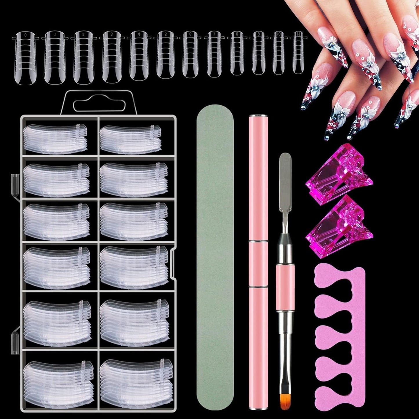 120 dubbla nagelformar, nagelförlängningsmallar med rosa dubbelsidig borste, nagelspetsklämma, tåavskiljare och nagelfil för polygelnaglar