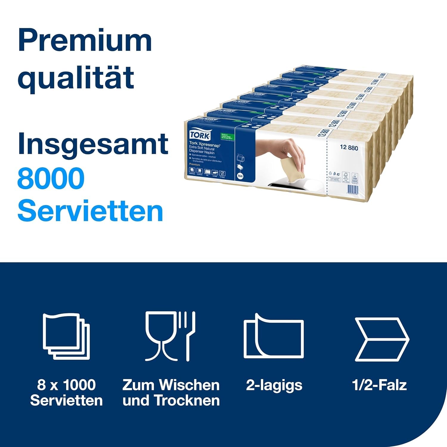 Tork Xpressnap Extra Soft Nature N4 Dispenser Servett, Premium, 1/2 x 2 Ply, 21,3 cm X 16,5 cm, 8 × 1 000 servetter, 12880