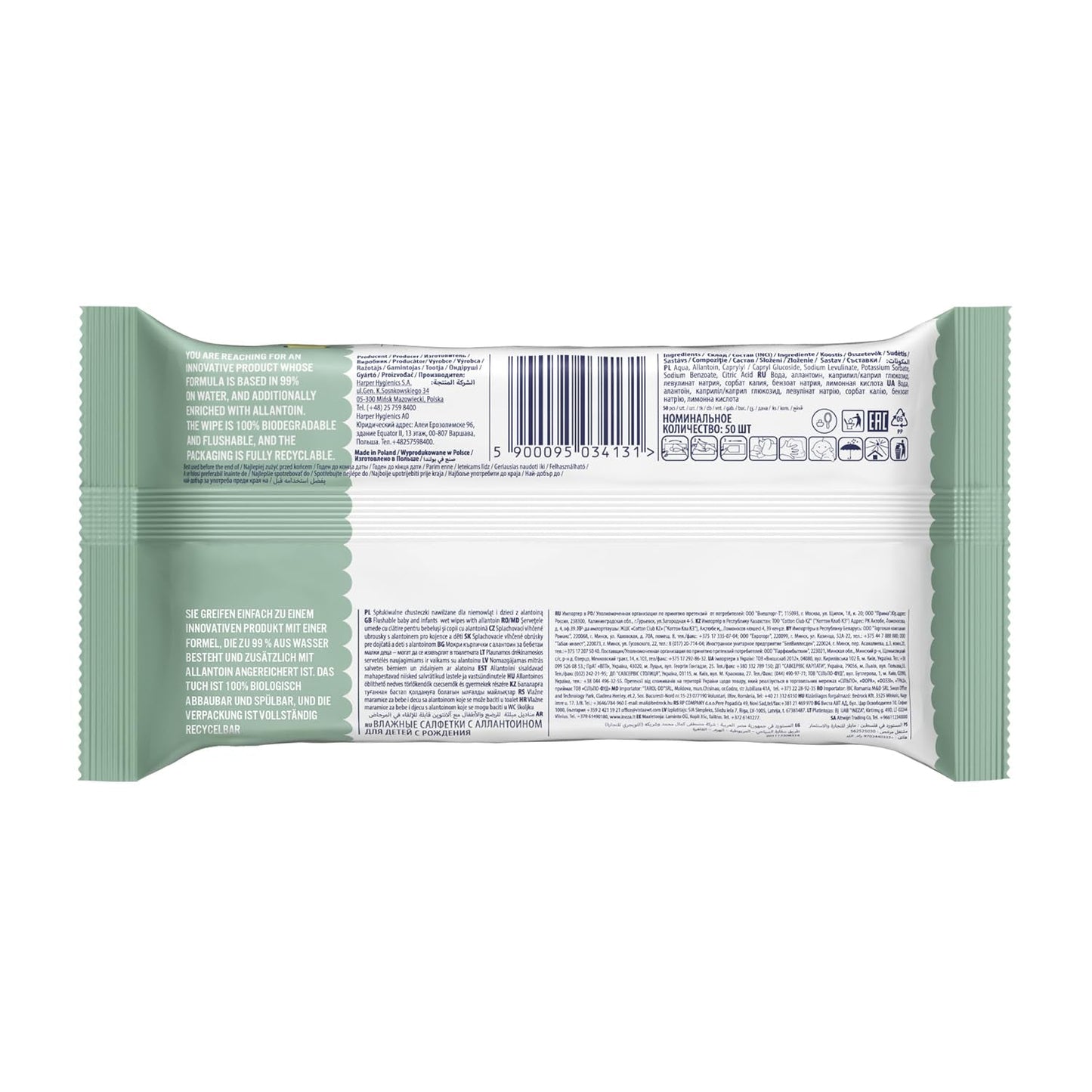 Cleanic Baby Eco Pure Water Wet Wipes – (1 x 50 st.) Våtservetter för barn och spädbarn – parfymfri, sköljbar, känslig hud – 50 st.