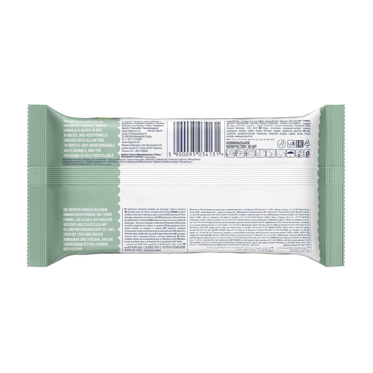 Cleanic Baby Eco Pure Water Wet Wipes – (1 x 50 st.) Våtservetter för barn och spädbarn – parfymfri, sköljbar, känslig hud – 50 st.