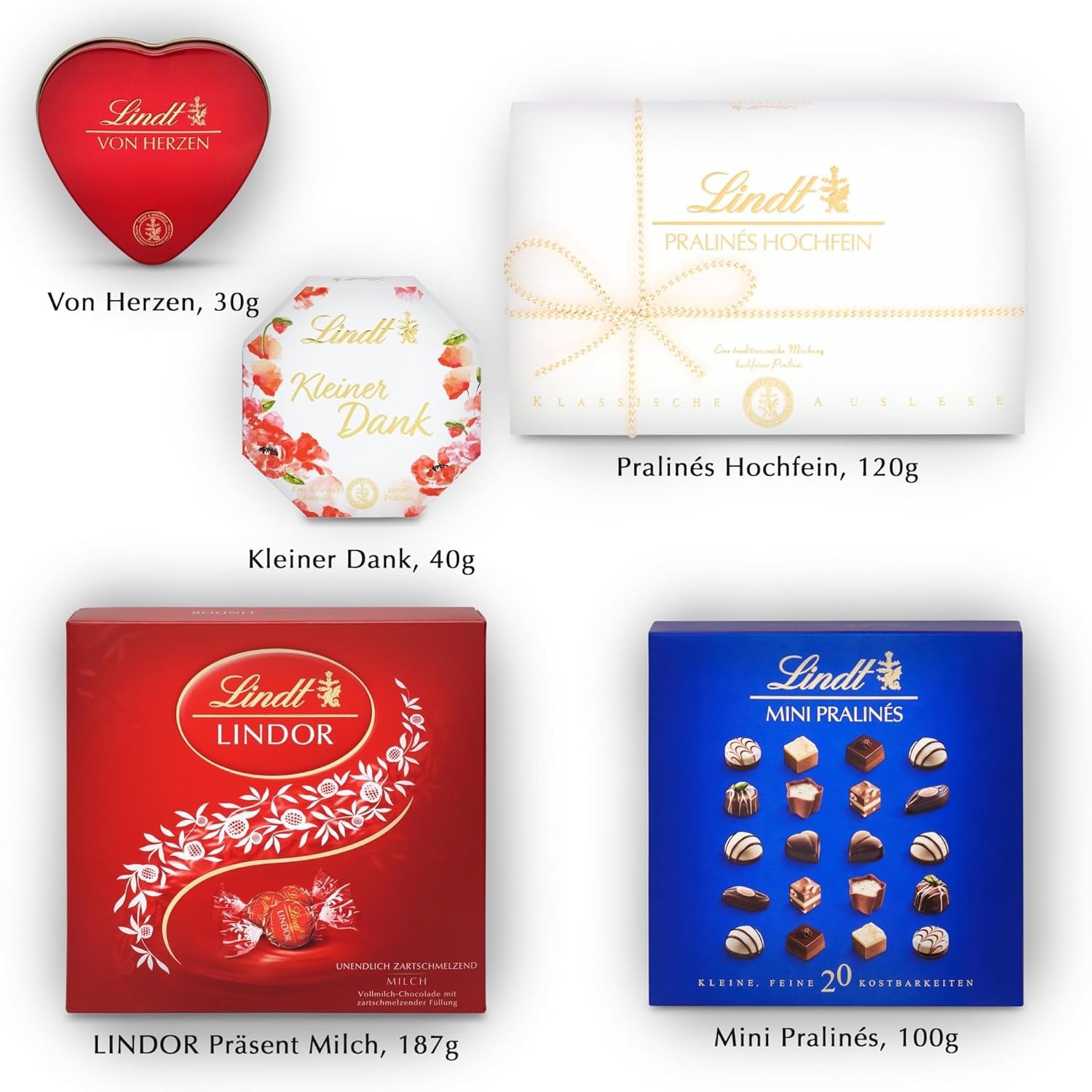 Lindt Choklad Pralin Presentset | 477g | 5 askar Lindt-praliner i varianterna: Exquisite, Mini Praline, LINDOR Gift, Small Thank You, From the Heart | Pralingåva | Choklad present