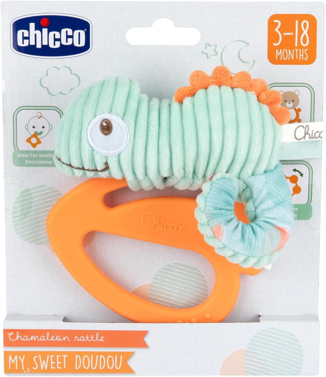 Chicco My Sweet Doudou Chameleon Toy Tillverkad av högkvalitativt tyg Mjuk Plast Ring Lugnande barnsjukdomar Baby Toy 3-18 månader Baby Toys Naty Shop
