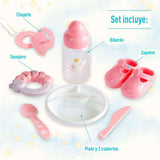 JC Toys - Berenguer Boutique 38 cm mjuk, verklighetstrogen docka med öppen/sluten mun, presentset i 10 delar, nappflaska, skallra, napp och tillbehör, rosa, 2+