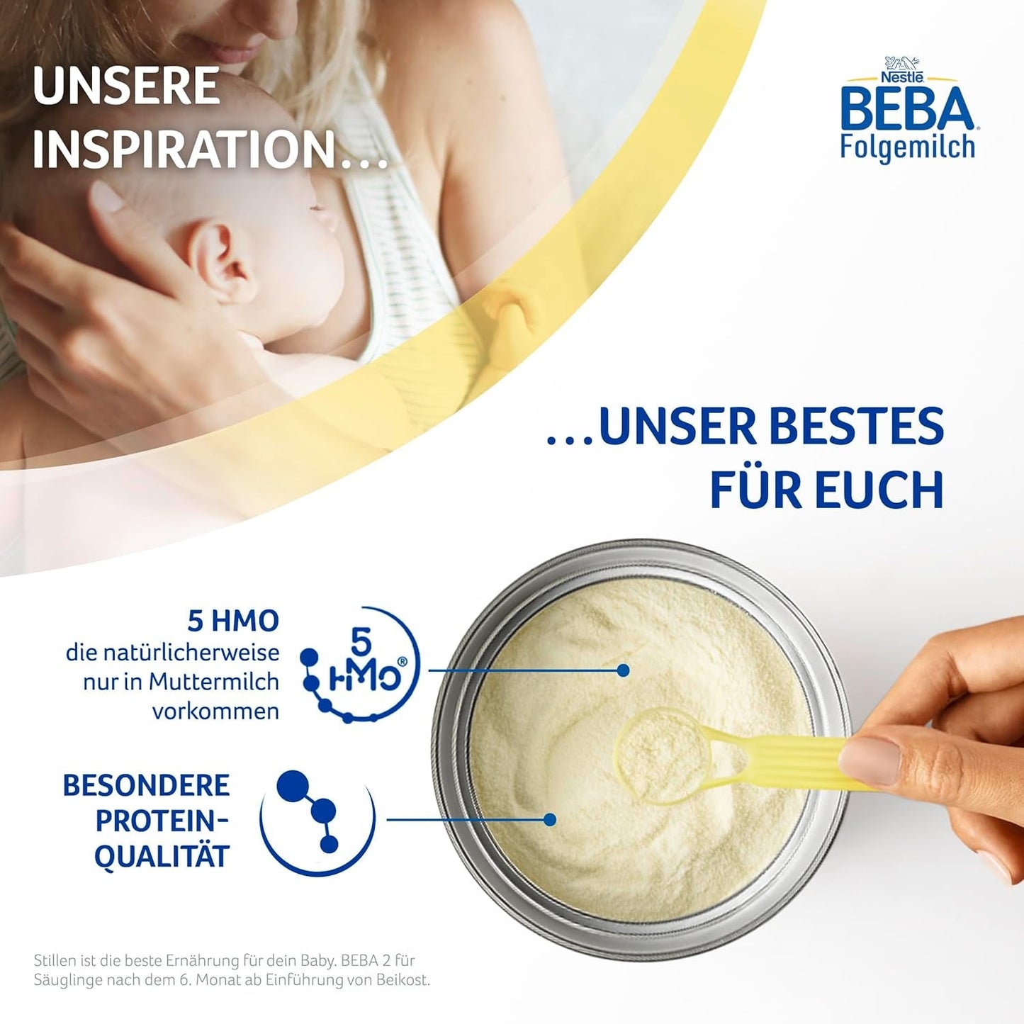 BEBA 2 - Tillskottsmjölk efter 6 månader, med 5 HMO-komplex, åldersanpassat proteininnehåll, laktosfri, palmoljefri, fiskoljefri, barnmat, babymjölkspulver, 3 st (3 x 800g)