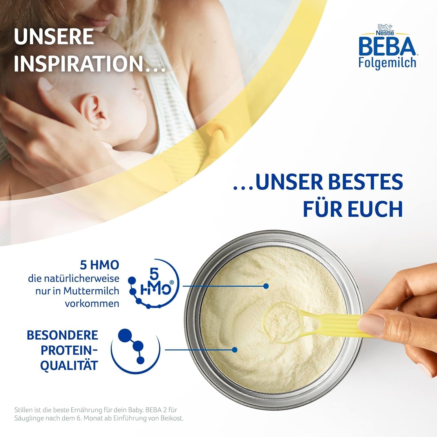 BEBA 2 - Tillskottsmjölk efter 6 månader, med 5 HMO-komplex, åldersanpassat proteininnehåll, laktosfri, palmoljefri, fiskoljefri, barnmat, babymjölkspulver, 3 st (3 x 800g)