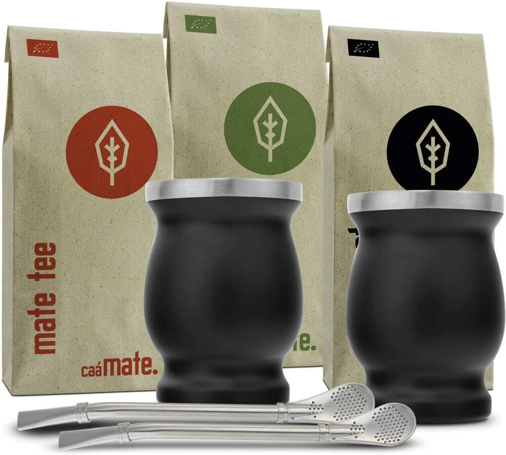 Mate Bio Tea Set ● 3 olika Mate + 2 dubbelväggiga Mate-koppar i rostfritt stål + 2 bombillor + förberedningsinstruktioner (svarta)