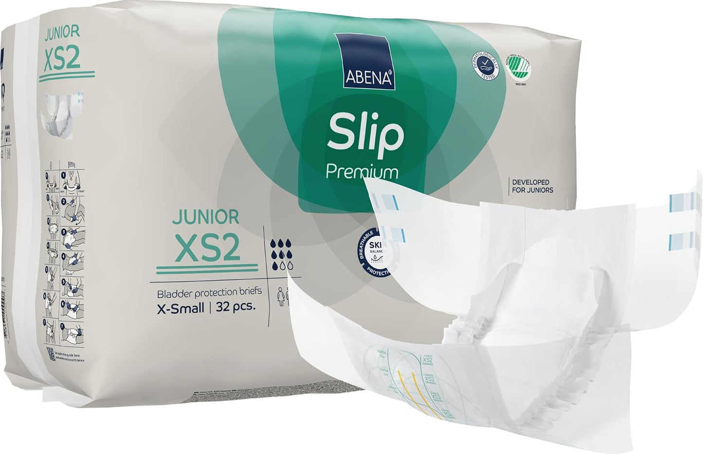 Premium juniorblöjor, miljömärkt, förbättrat läckageskydd, säkra och bekväma babyblöjor - storlek 7/XS2, midjemått 40-60 cm, åldrar 5-15 år, 1 x 32-pack