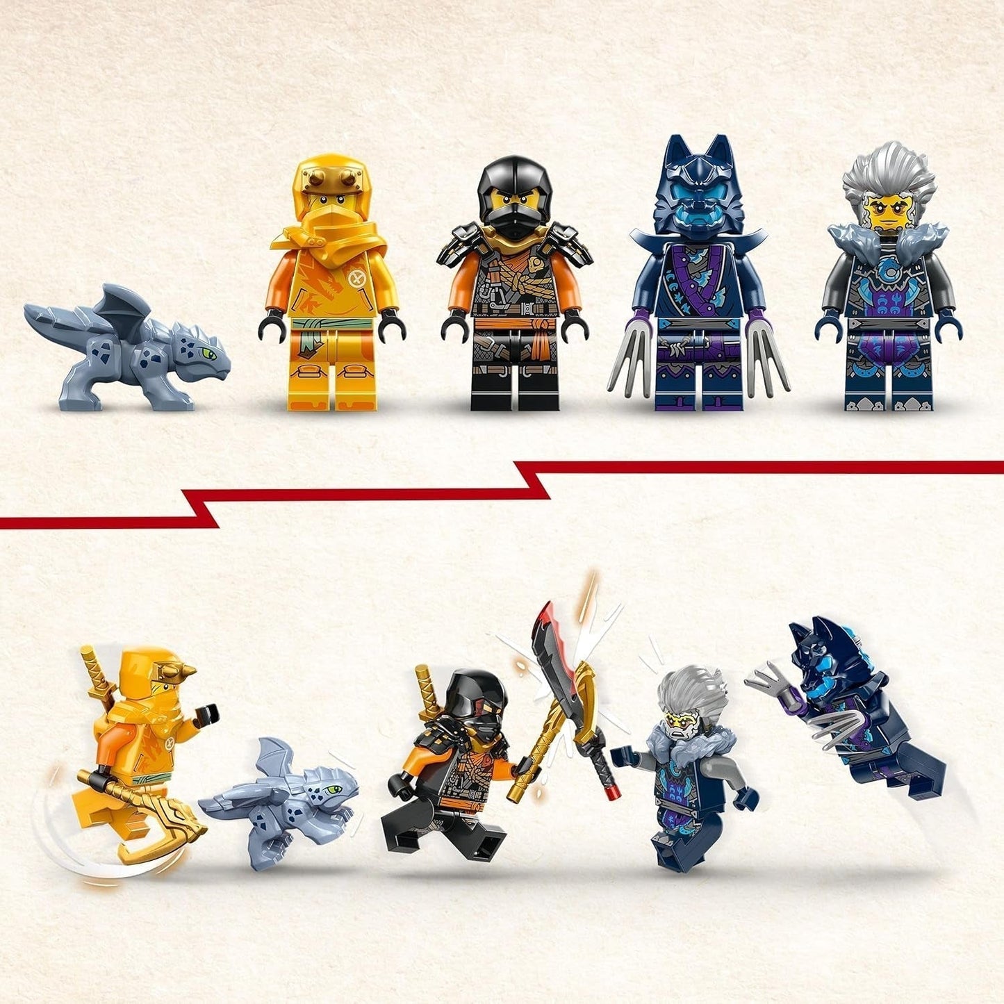 LEGO NINJAGO Arins Ninja terrängvagn, Ninjaleksak med bil, drake och 4 minifigurer, äventyrsset för barnvagnar, födelsedagspresent för pojkar och flickor 7 år 71811 Byggset Beuche den LEGO-Store
