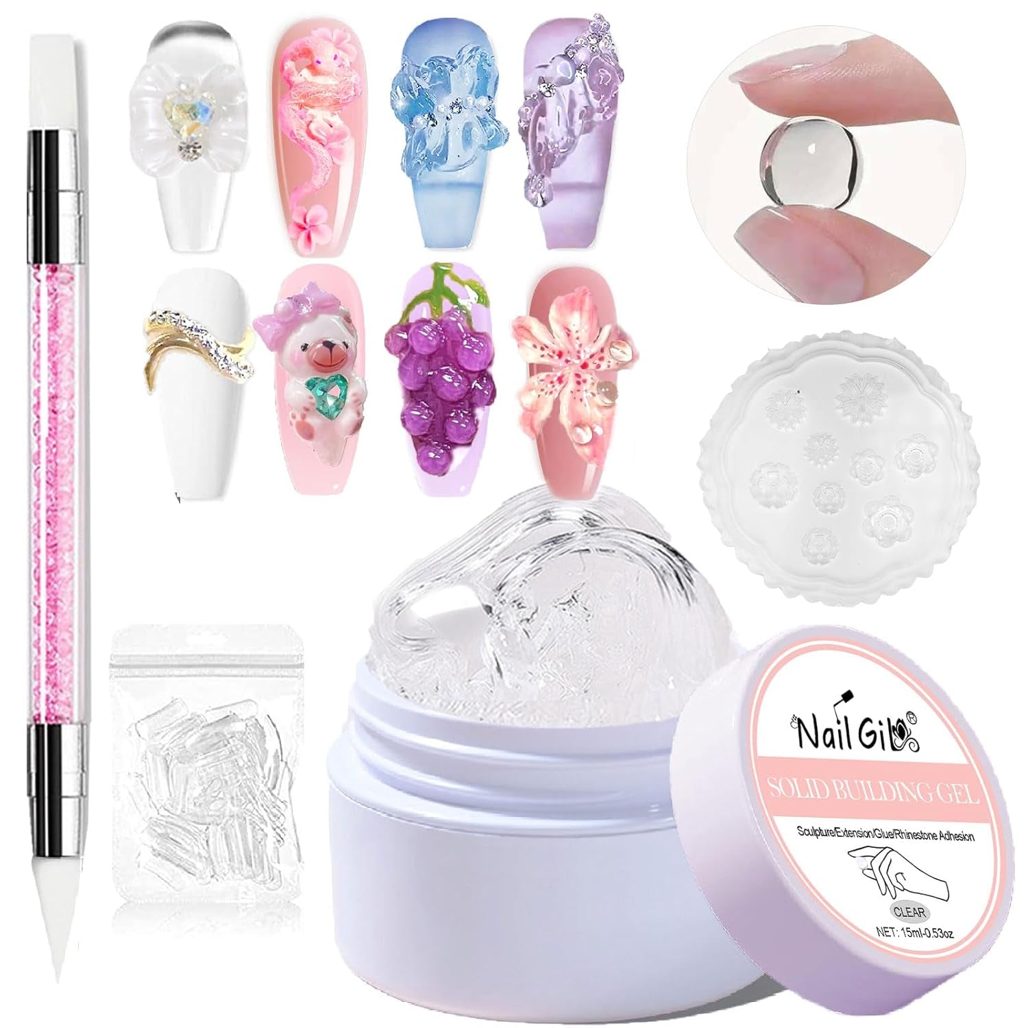 NAILGIL Solid Gel Nagellack, Solid Gel Nagellim, 3D Nail Art Skulptur med verktygsuppsättning, DIY Hemmasalong, Transparent 15G