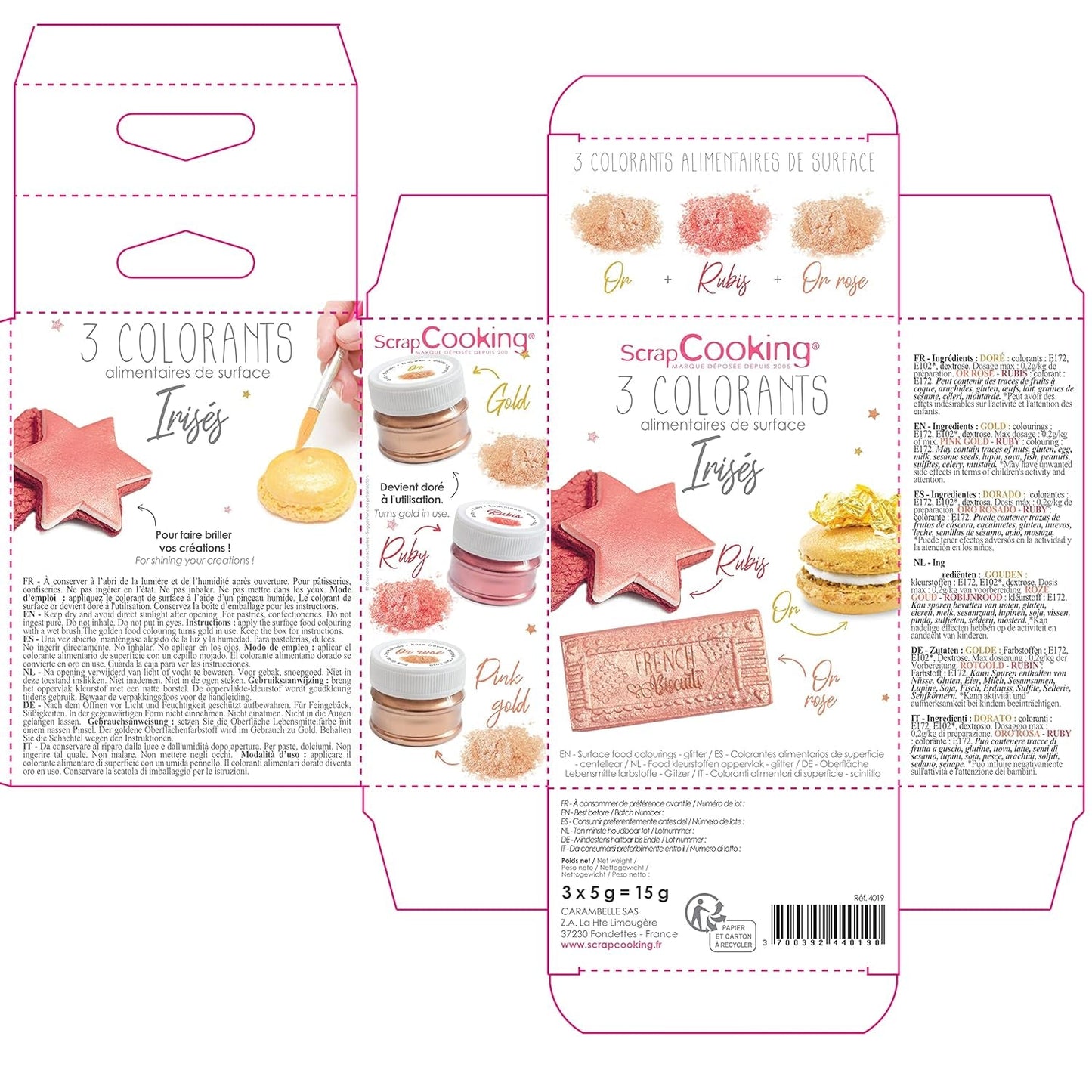 Scrapcooking - Set med 3 metallisk matfärgning - Matfärgning: guld, roséguld och rubin - Ätbar matfärg för bakning, kakor, kakor, kakor, choklad - 4019