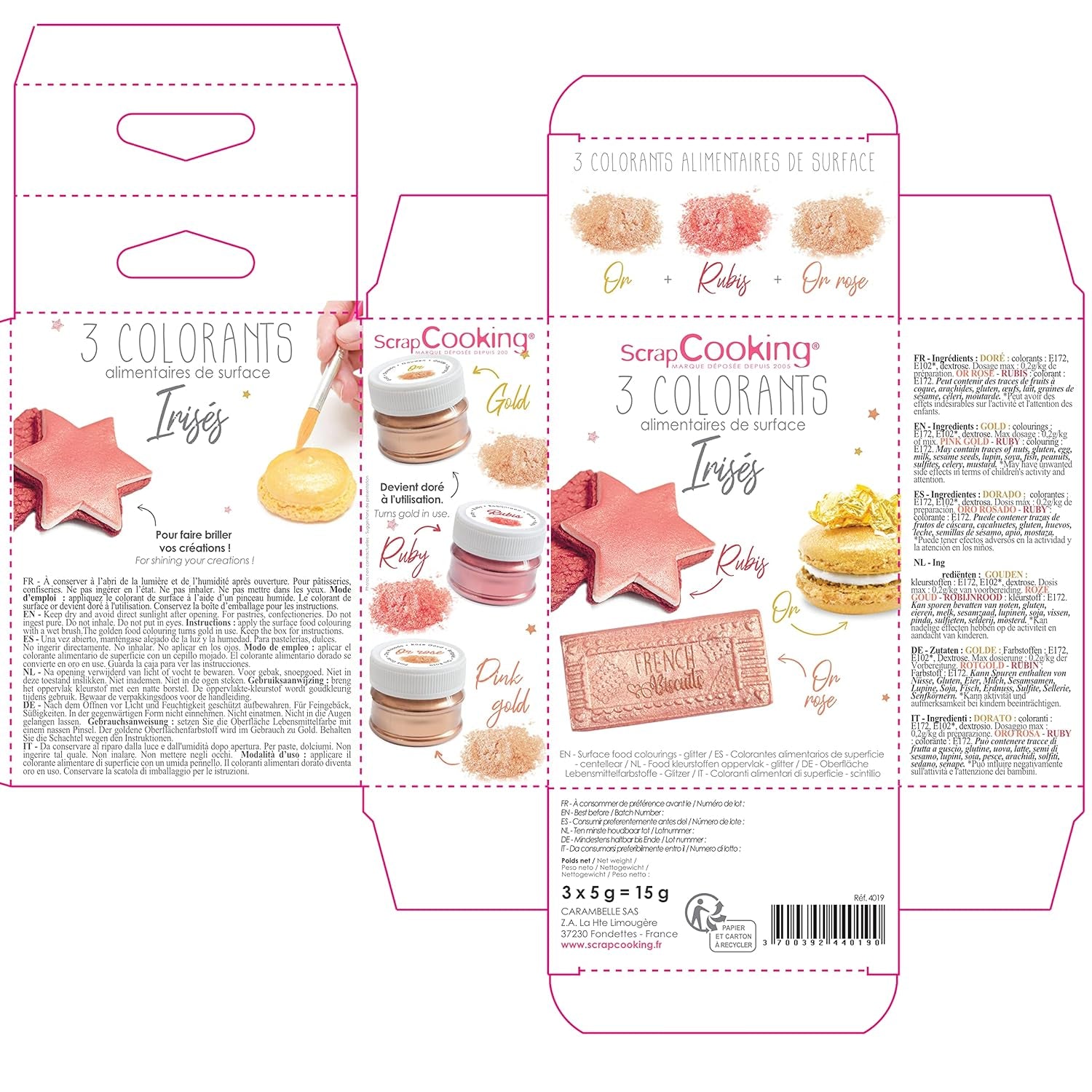 Scrapcooking - Set med 3 metallisk matfärgning - Matfärgning: guld, roséguld och rubin - Ätbar matfärg för bakning, kakor, kakor, kakor, choklad - 4019