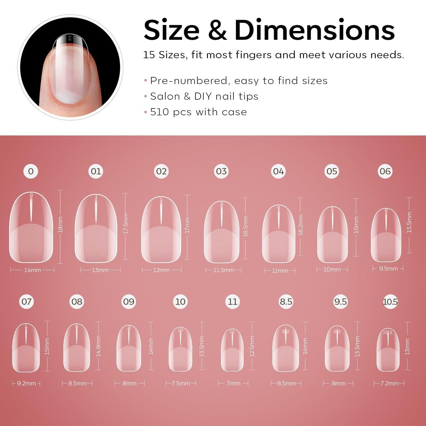 Modelones Nail Tips 510 Pieces - Heltäckande Nail Tips Set, Gel Tips Set, Pre-Polish PMMA Resin Nail Tips, Konstgjorda naglar för lim på Nail Art DIY, Short Squoval