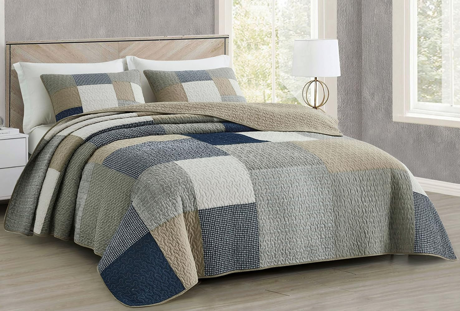 Chezmoi Collection Addy Patchwork Quilt Set Förtvättad bomull Lätt Vändbar All Seasons Oversized 3 delar Marinblå Vit Grå Taupe Pläd Quilts & Quilts Naty Shop Pläd Patchwork Taupe Twin