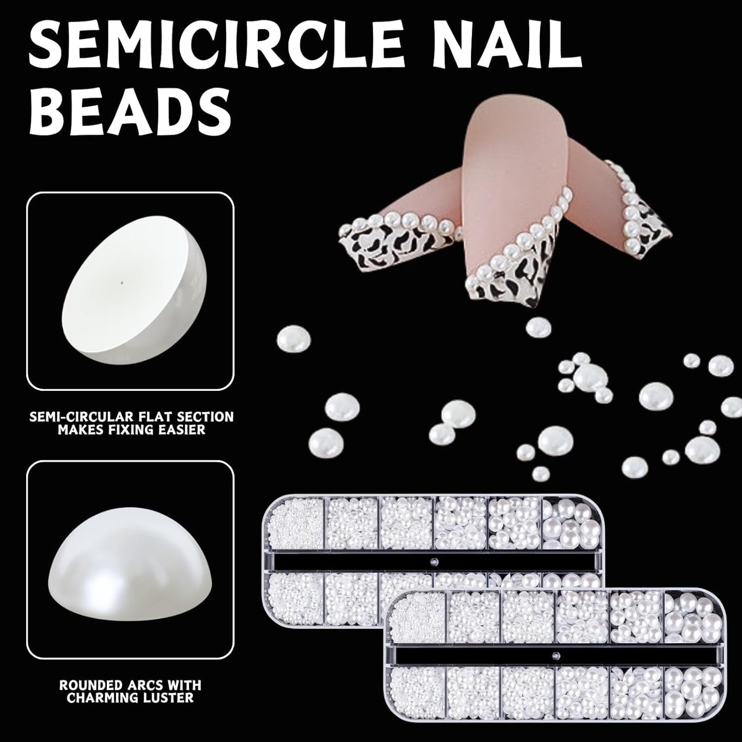 12 Größen Nail Art Perlen, Flache Perlen, Nail Art Accessoires, Halbkreis Nagelperlen, Weiße Nail Charms Und Glitzersteine ​​Nägel Für Nail Art Design, DIY Basteln, Alltag, Hochzeit (2 lådor)