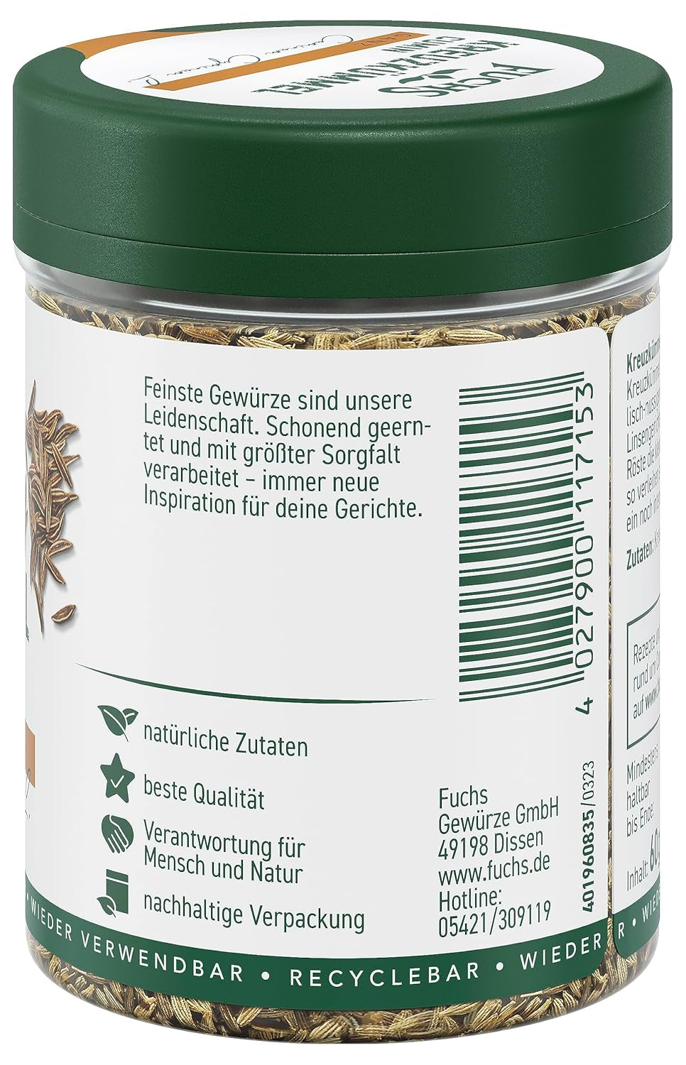 Fuchs Gewürze - Kreuzkümmel ganz - orientalisch-nussige Note für Falafel und Linsengerichte - naturliga ingredienser - 60 g i wiederverwendbarer, recyclebarer Dos