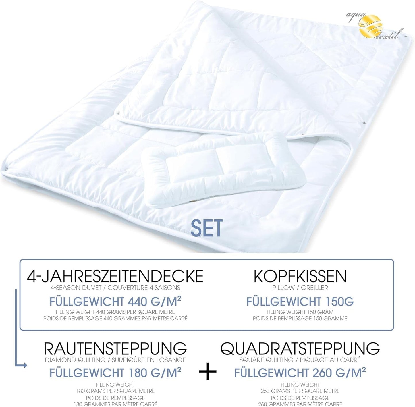 Aqua-Textil Soft Touch Set för barn Täcke 100 X 135 Cm 250G och 350G med kudde 40 X 60 Cm 150G Täcke 4 säsonger Klimatkontroll Oeko-Tex Täcken och täcken Naty Shop
