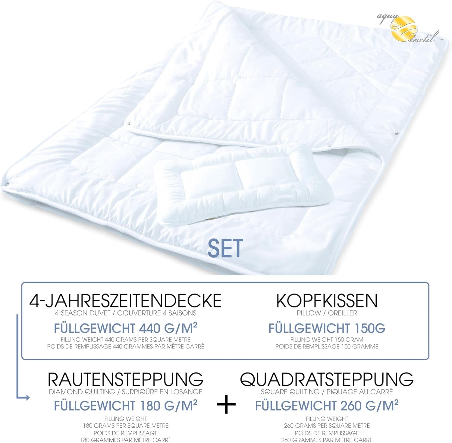 Aqua-Textil Soft Touch Set för barn Täcke 100 X 135 Cm 250G och 350G med kudde 40 X 60 Cm 150G Täcke 4 säsonger Klimatkontroll Oeko-Tex Täcken och täcken Naty Shop