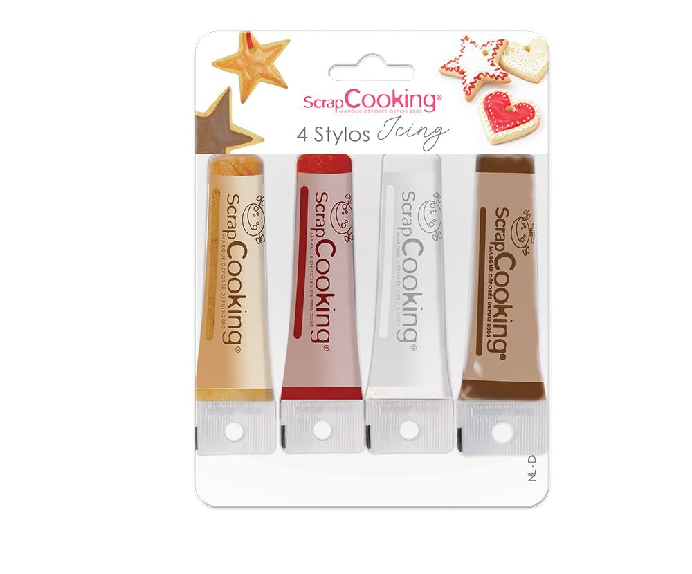 Scrapcooking - 4-delade markörer: guld, choklad, vit och röd - dekorativa ätbara pennor för att skriva och rita på desserter, kakor och kex