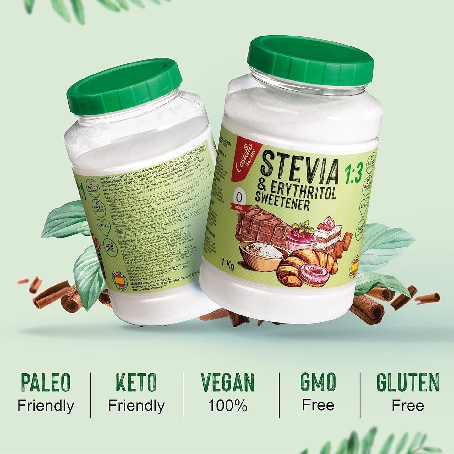 Stevia + Erythritol 1:3 Süßstoff | 1G = 3G Zucker | 100% Natürlicher Zuckerersatz - 0 Kalorien - 0 Glykämischer Index - Keto Und Paleo - 0 Netto-Kohlenhydrat - Kein GVO - Castello sedan 1907-1 Kg Sweeteners Naty Shop