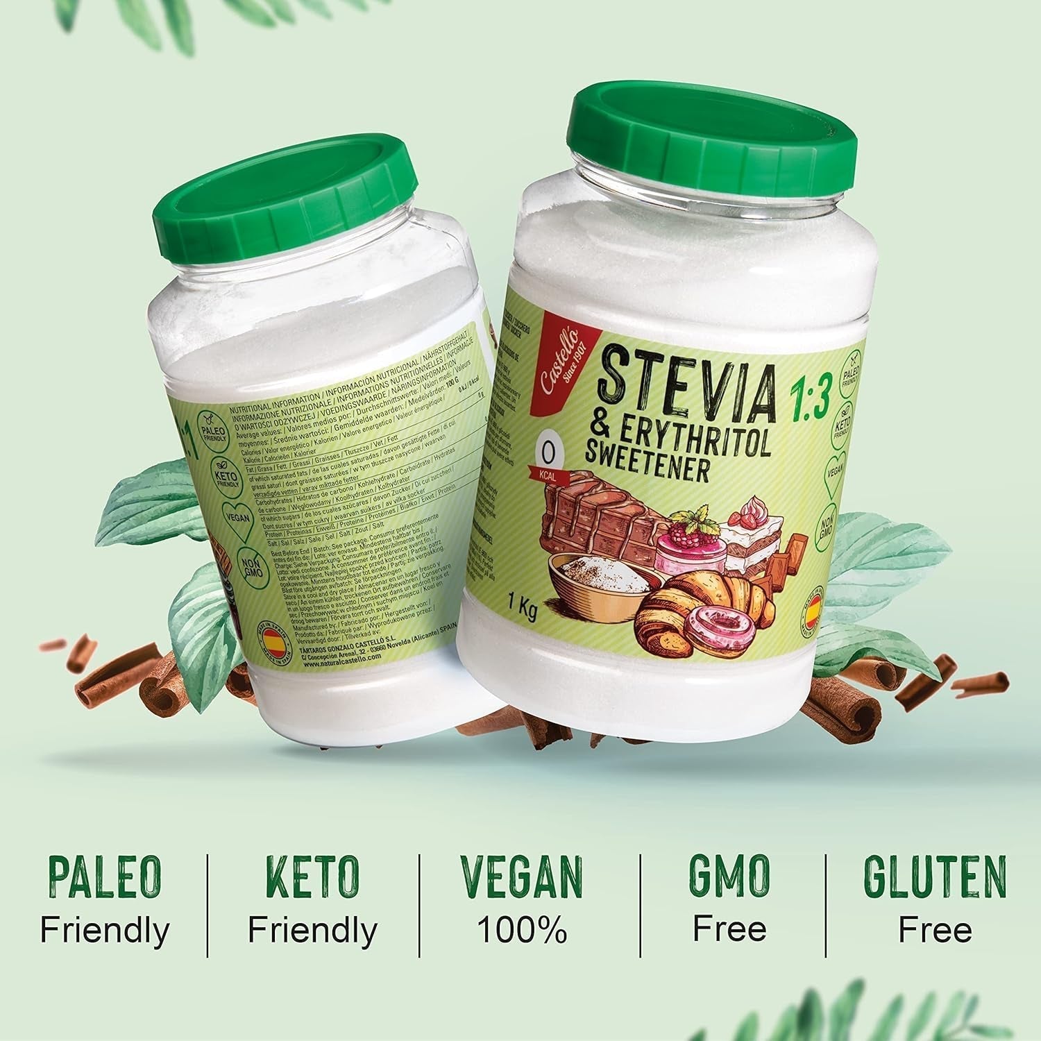 Stevia + Erythritol 1:3 Süßstoff | 1G = 3G Zucker | 100% Natürlicher Zuckerersatz - 0 Kalorien - 0 Glykämischer Index - Keto Und Paleo - 0 Netto-Kohlenhydrat - Kein GVO - Castello sedan 1907-1 Kg Sweeteners Naty Shop
