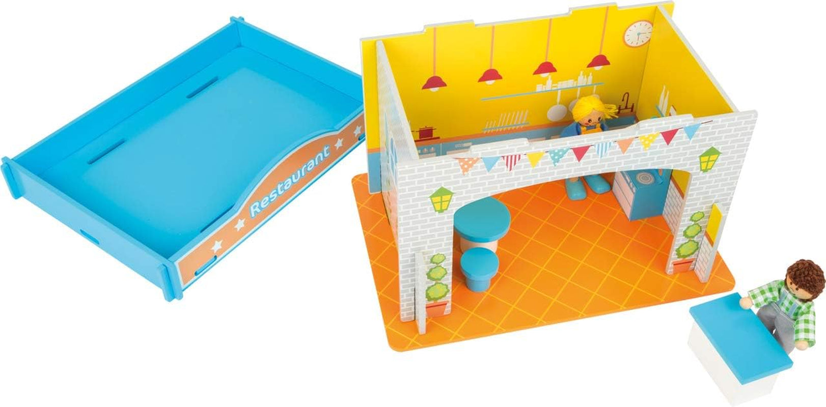 Small Foot 10852 Playhouse Restaurant Tillverkad av trä, Med 2 dockfigurer, tillbehör och avtagbart tak, Från 3 år Naty Shop Dollhouses