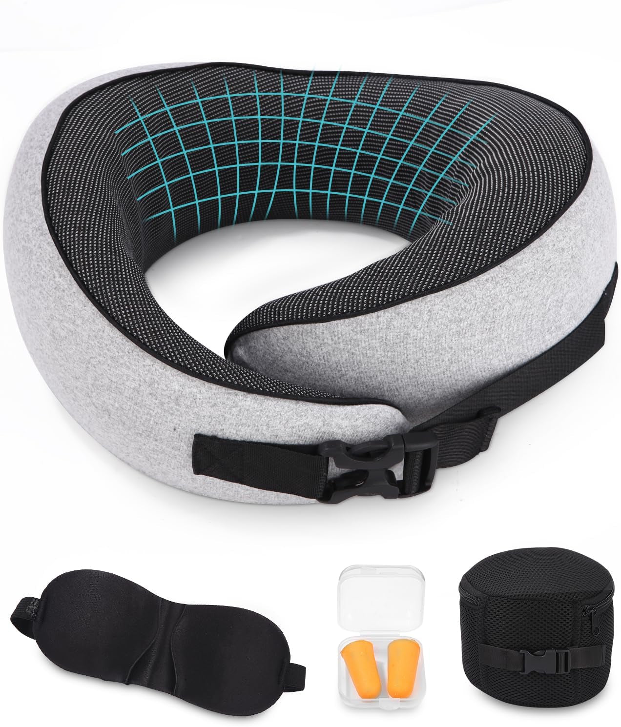 Flygplans nackkudde, Memory Foam resekudde, vuxen nackkudde, justerbar tvättbar flygplanskudde, ergonomisk resekudde (grå) cervikala ortopediska kuddar Naty Shop Grey