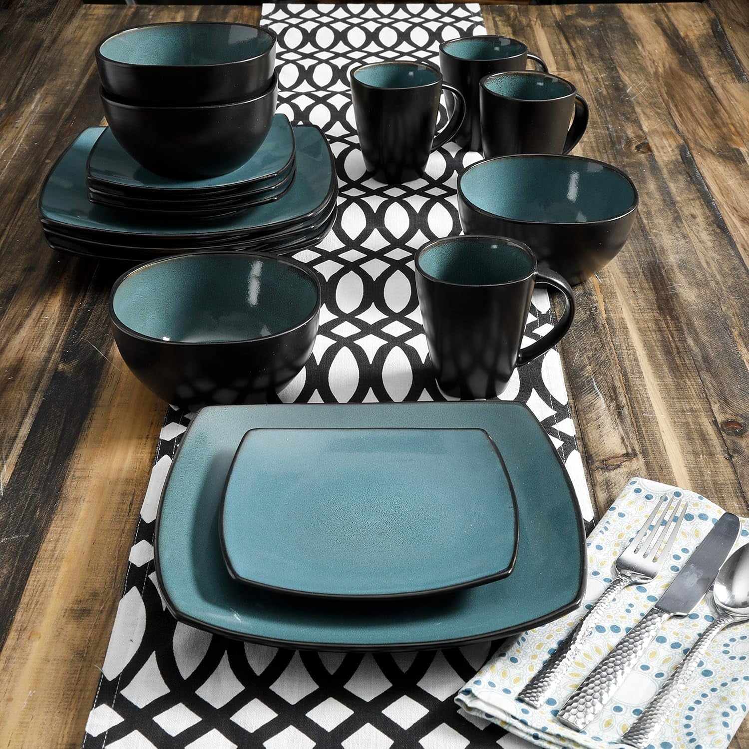 Gibson 99813.16R Elite Soho Lounge Reactive Glaze 4-personers servisset, 16 delar, blågrön/svart tvåfärgad effekt