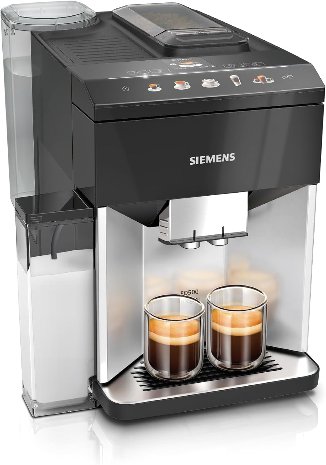 Siemens EQ500 helautomatisk espressomaskin TQ513D01, många kaffespecialiteter, mjölkskummare, integrerad mjölkbehållare, automatisk ångrengöring, 1500 W, naturligt ljus silver/piano svart