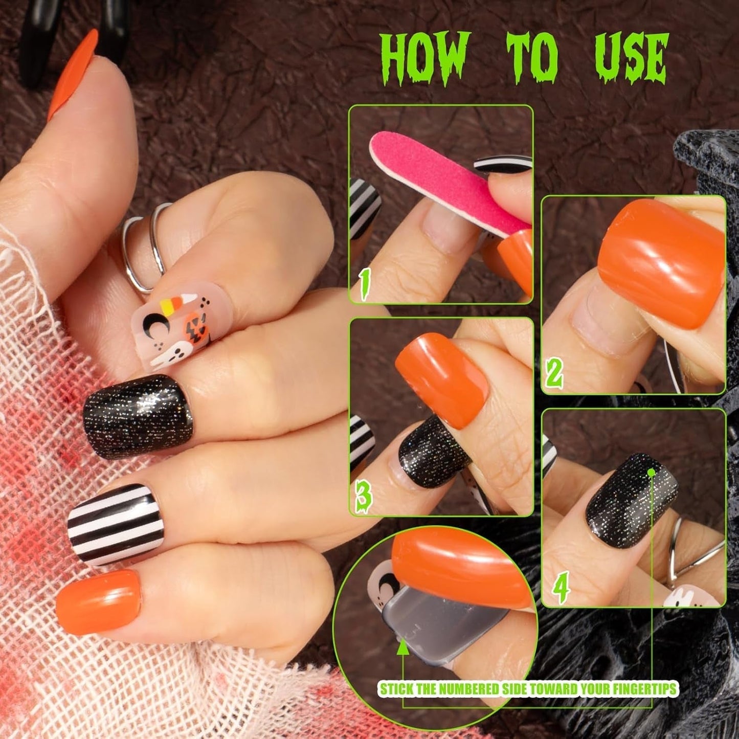 72 st Halloween naglar självhäftande falska naglar Korta konstnaglar Självhäftande pressade naglar Pumpkin Ghost konstnaglar tips Nail Art Orange Grön Svart