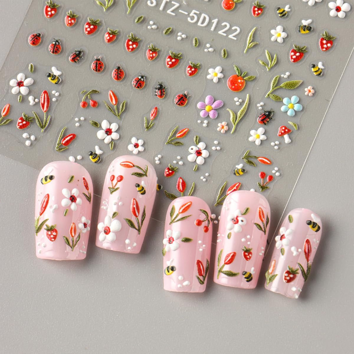JMEOWIO 3D Nagelsticker Blumen Frucht Nail Art Sticker Selbstklebend Nagelaufkleber 5D Stereoskopisk Dekoration Nageldesign Zubehör 4 Blatt