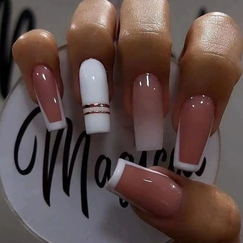 24 st French Press On Long Nails Kista Vita konstgjorda naglar Ombre Pink Naken Adhesive Nails Akryl Nagelset Nageltips För Kvinnor Vår Sommar Nageltillbehör