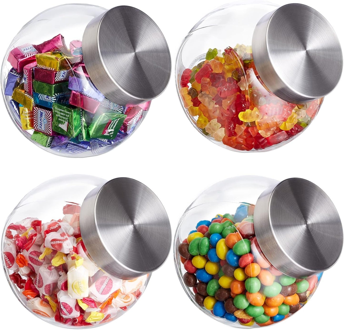Relaxdays Godisburkar Set med 4 1,5L förvaringsburkar för sötmat Candy Bar Rostfritt stållock Klar Transparent Silver Naty Shop Matförvaringslådor 4