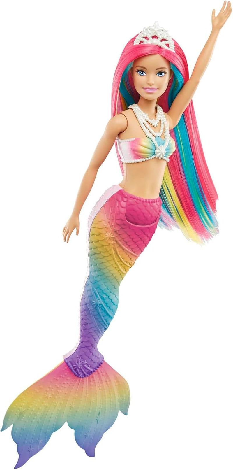 Barbie Dreamtopia Rainbow Magic Mermaid, sjöjungfru Barbie med regnbåghår, färgskiftande docka, vattenaktiverad, leksak för åldrarna 3 och uppåt, present till flickor, GTF89
