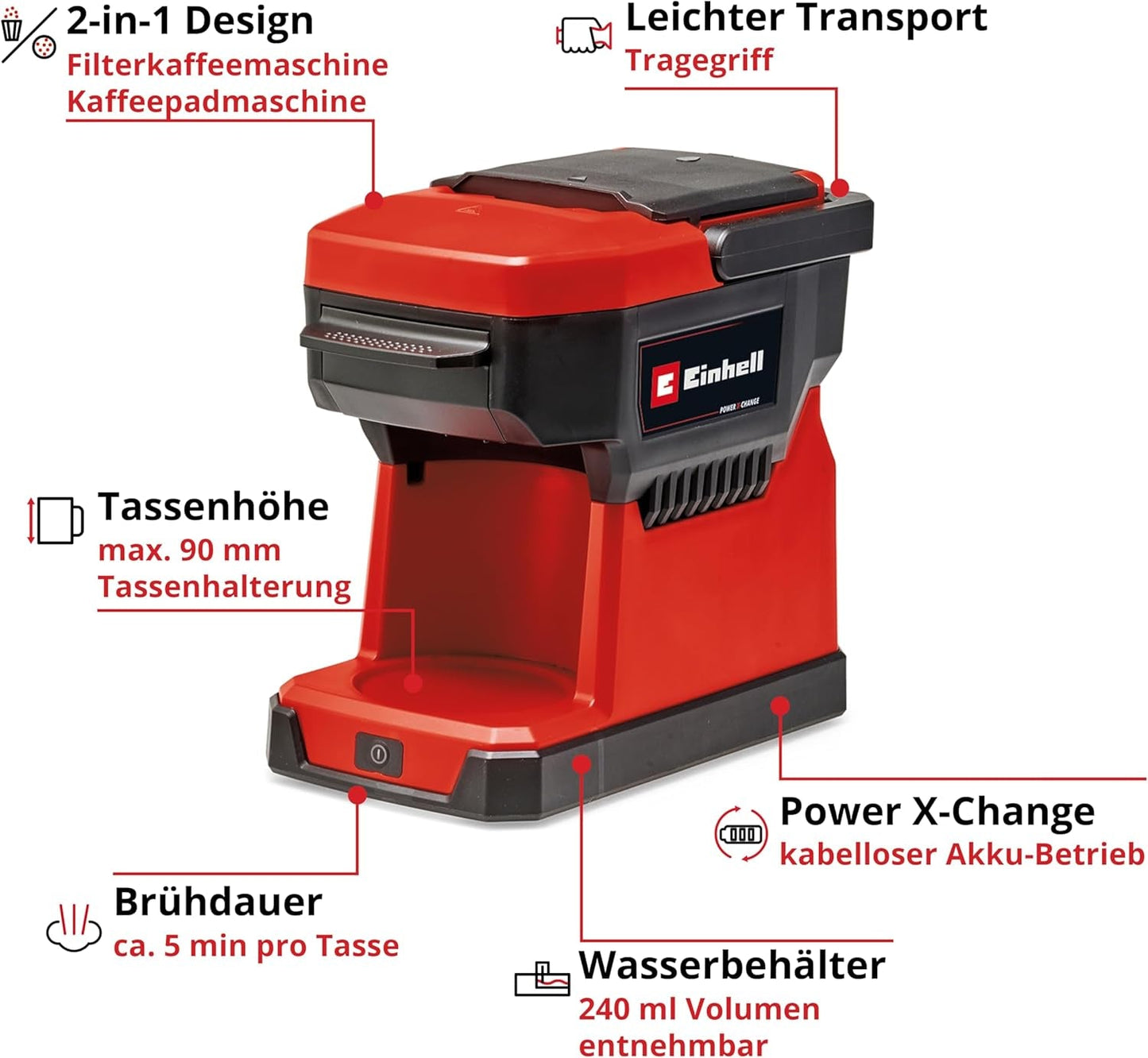 Sladdlös espressomaskin Einhell TE-CF 18 Li-Solo Power X-Change (18 V, 240 ml vattentank, för filterkaffe och kaffekapslar, bärhandtag, inkl. kaffekopp med lock, utan batteri)