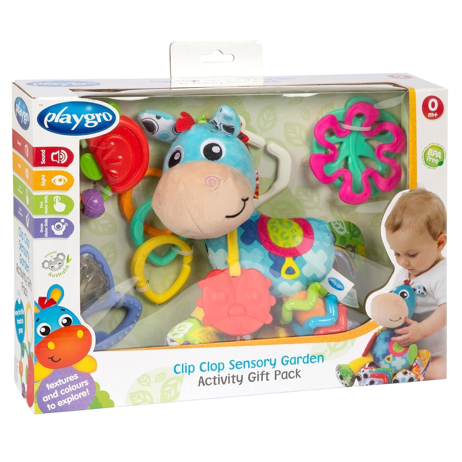 Playgro Clip Clop Sensory Garden Activity Present Pack - Sensorisk trädgårdsleksak för bebisar från 0 månader - Interaktiv leksak med skallror, bitring och barnvagnsvän - 4 stycken