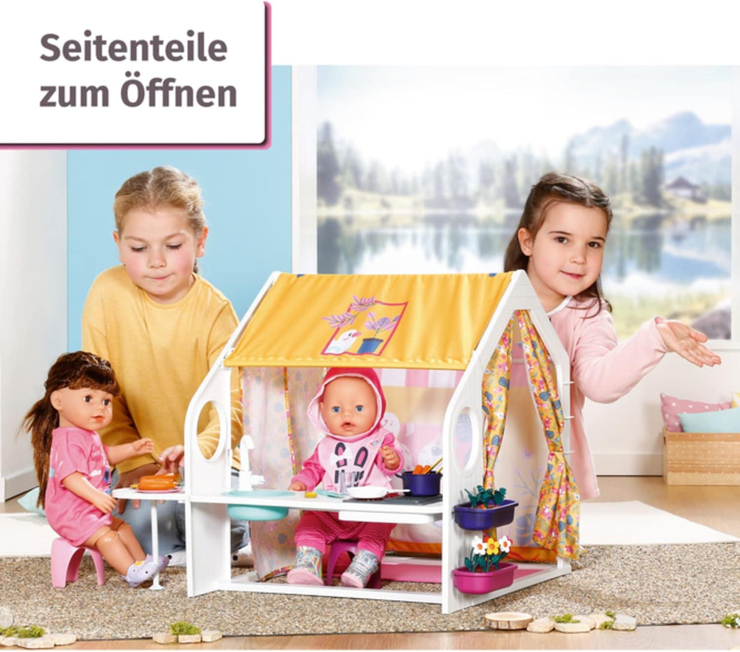 BABY born Dollhouse, Weekend House med ljus- och ljudfunktion, öppningsbara sidopaneler, diskho, grill och många tillbehör, 832752, Zapf Creation