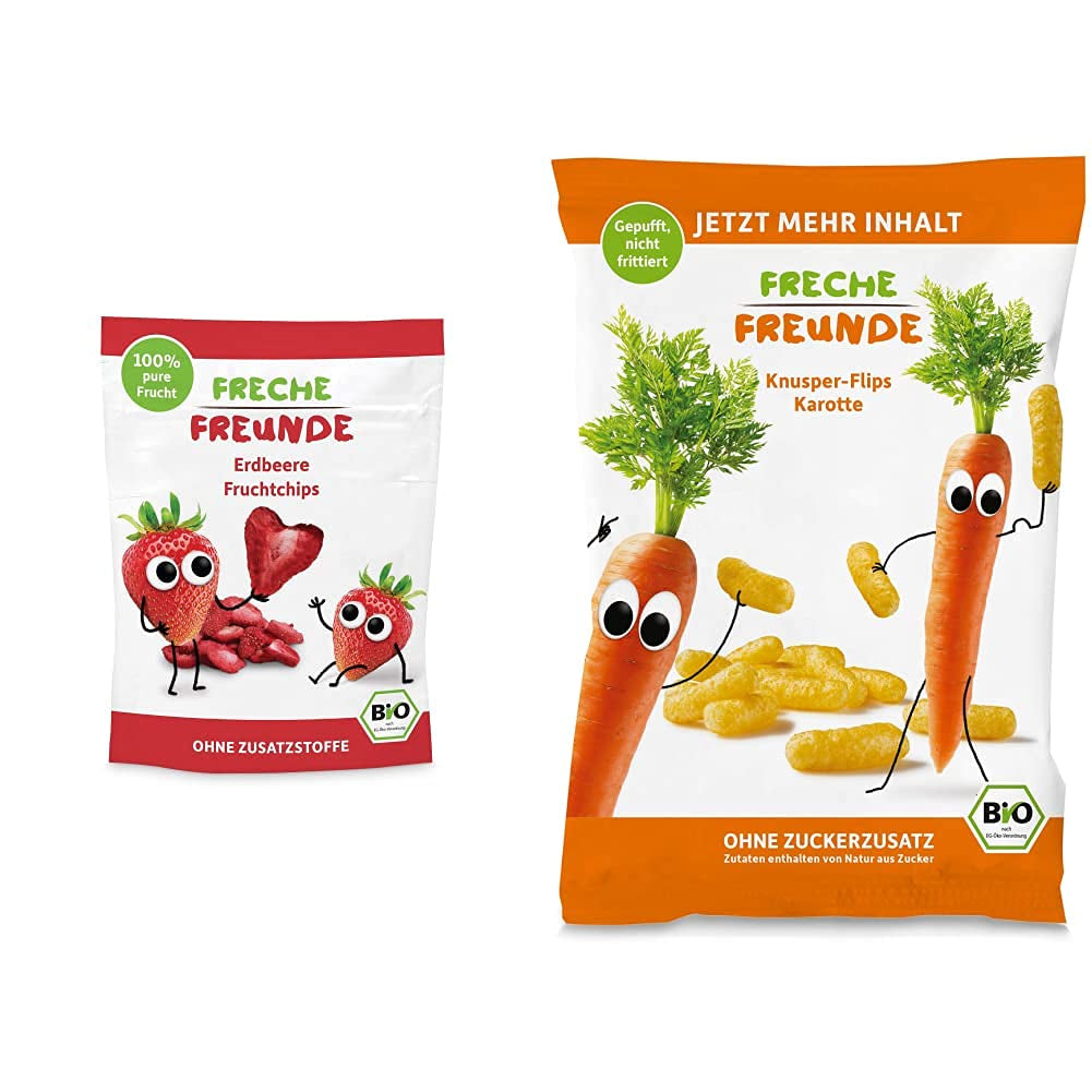 Ekologiska fruktchips "100% jordgubbar" Frystorkade jordgubbsfruktchips (12 x 12 g) och nya ekologiska crunchy majs- och morotsflissar, ekologiskt mellanmål, från 1 år, (9 x 30 g) 270 g