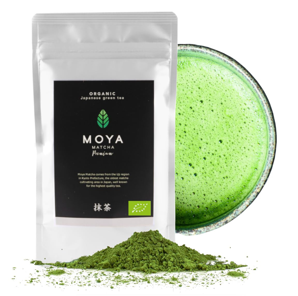 Ekologiskt grönt te Moya Matcha pulver | 100 g premiumkvalitet för ceremoni | Ekologiskt odlat och skördat i Uji, Japan | Matcha grönt tepulver | Perfekt för den japanska vattenteceremonin
