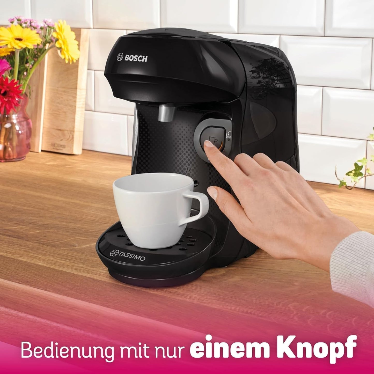 Bosch Tassimo Happy Friendly TAS102E Kapselespressomaskin, 70+ drycker, Lämplig för alla koppar, Auto-Stop, Hållbar, Perfekt Dosering, Utrymmesbesparande, 1400W, Svart