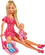 Simba 105730211 - Steffi Love Nanny, med två bebisar, bärsele och bilbarnstol, tillbehör, påklädningsdocka, 29 cm, för barn från 3 år och uppåt