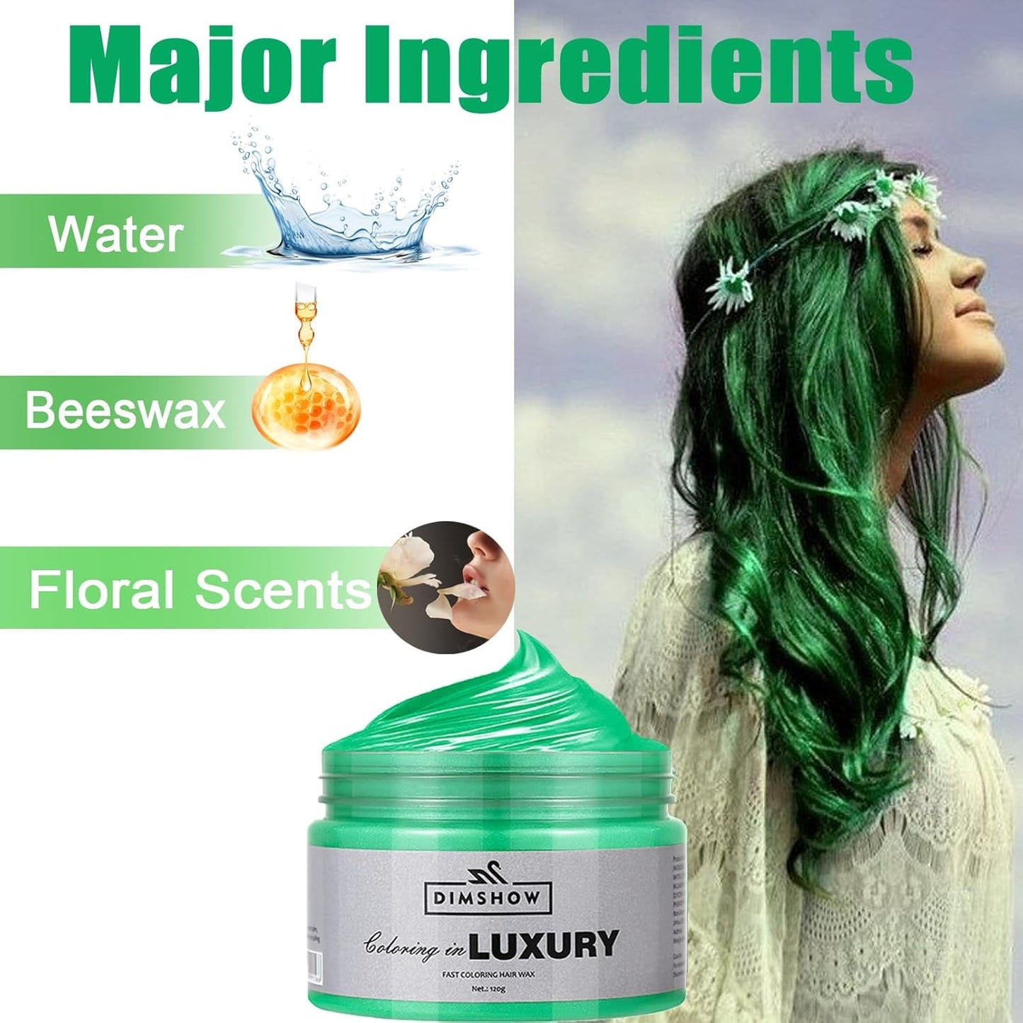 Grönt tillfälligt hårvax, galet grönt tillfälligt hårspray, tvättbar semipermanent lera, engångshårfärg, instant styling hårpasta lera, naturlig hårfärg för fester, aktiviteter och Halloween Naty Shop hårfärgning