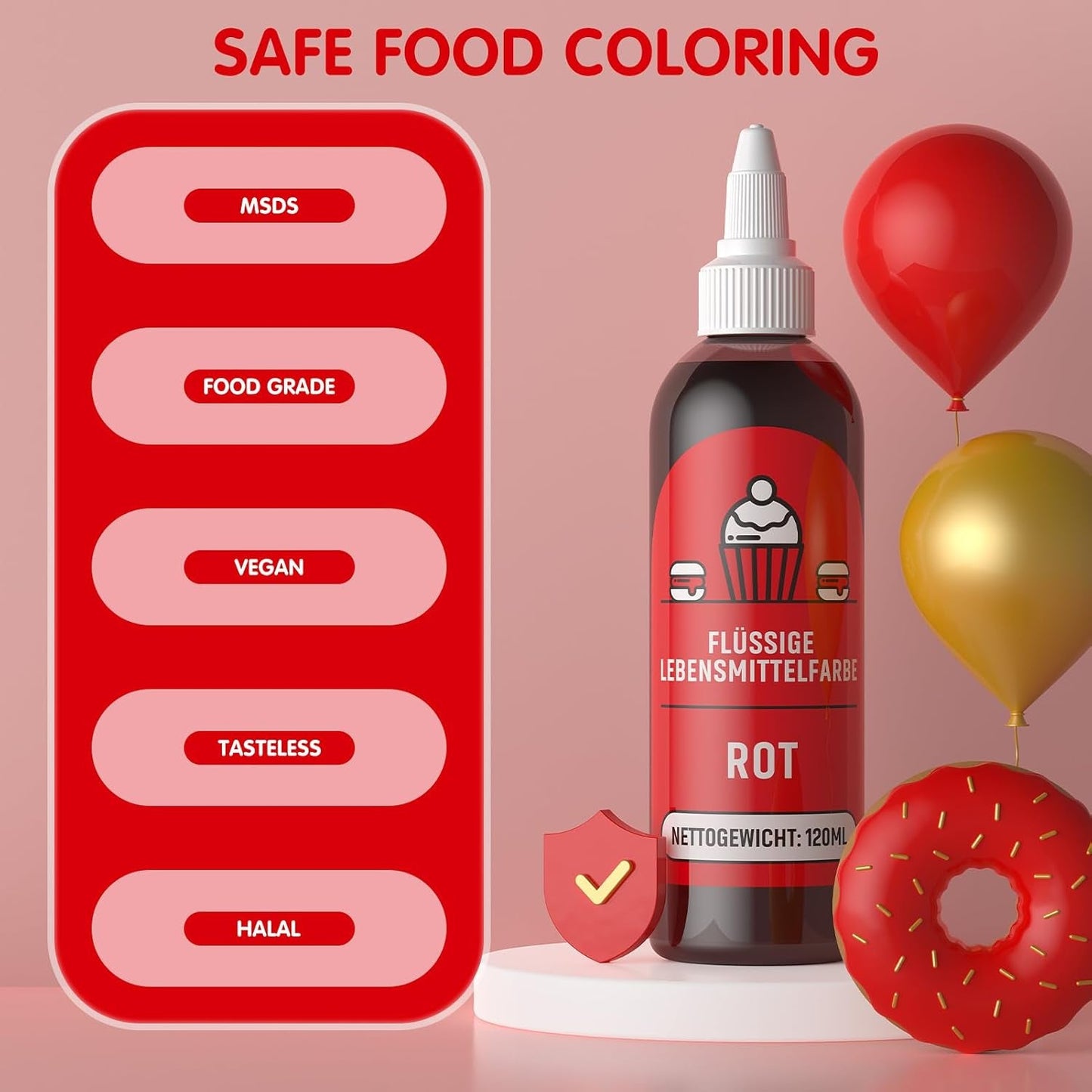 Röd matfärg 120 ml, högkoncentrerad och sockerfri flytande matfärg för bakning, kakor, makroner, glasyr, fondant, kakor, munkar