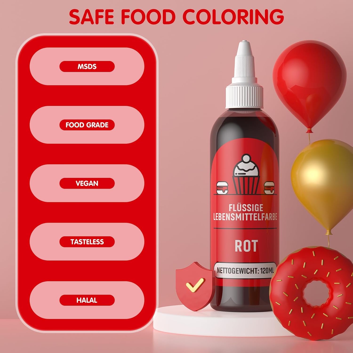 Röd matfärg 120 ml, högkoncentrerad och sockerfri flytande matfärg för bakning, kakor, makroner, glasyr, fondant, kakor, munkar