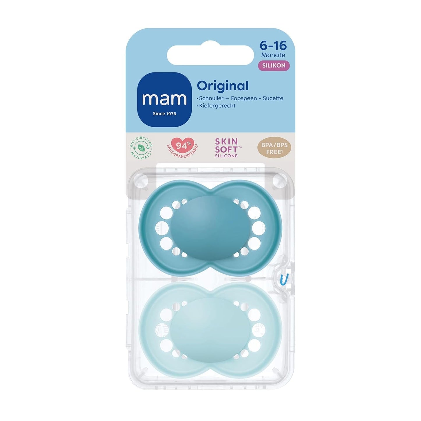 MAM originalnappar, 2-pack, tandvänliga nappar, tillverkade av hållbara och bioregenererbara material, MAM SkinSoft silikonspettar, med napplåda, 6-16 månader, blå/ljusblå