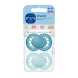 MAM originalnappar, 2-pack, tandvänliga nappar, tillverkade av hållbara och bioregenererbara material, MAM SkinSoft silikonspettar, med napplåda, 6-16 månader, blå/ljusblå