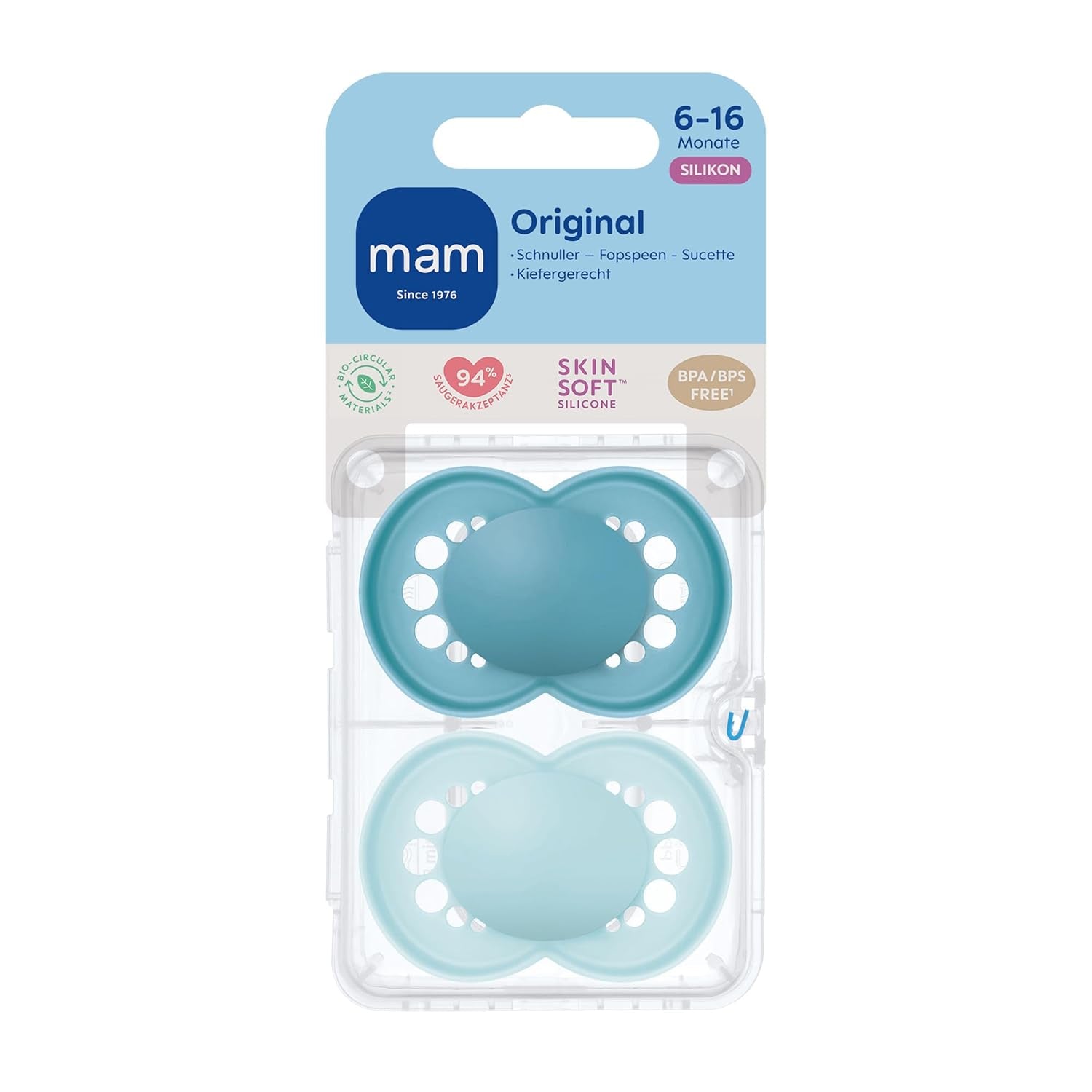 MAM originalnappar, 2-pack, tandvänliga nappar, tillverkade av hållbara och bioregenererbara material, MAM SkinSoft silikonspettar, med napplåda, 6-16 månader, blå/ljusblå