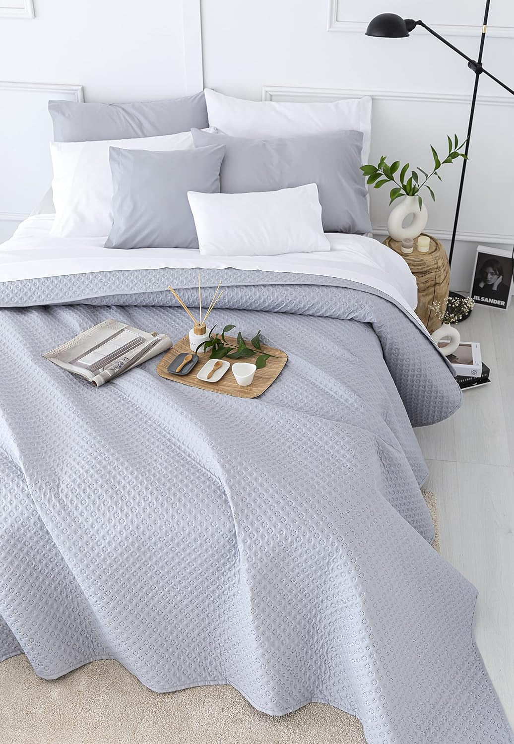 Todocama Fine Boutique överkast med pikémönster, för vår, sommar, höst och vinter, 100% supermjuk mikrofiber, multifunktionell filt, 140/150/160-250 X 260 cm, ljusgrå Sängar och filtar Beuche den Todocama-Store