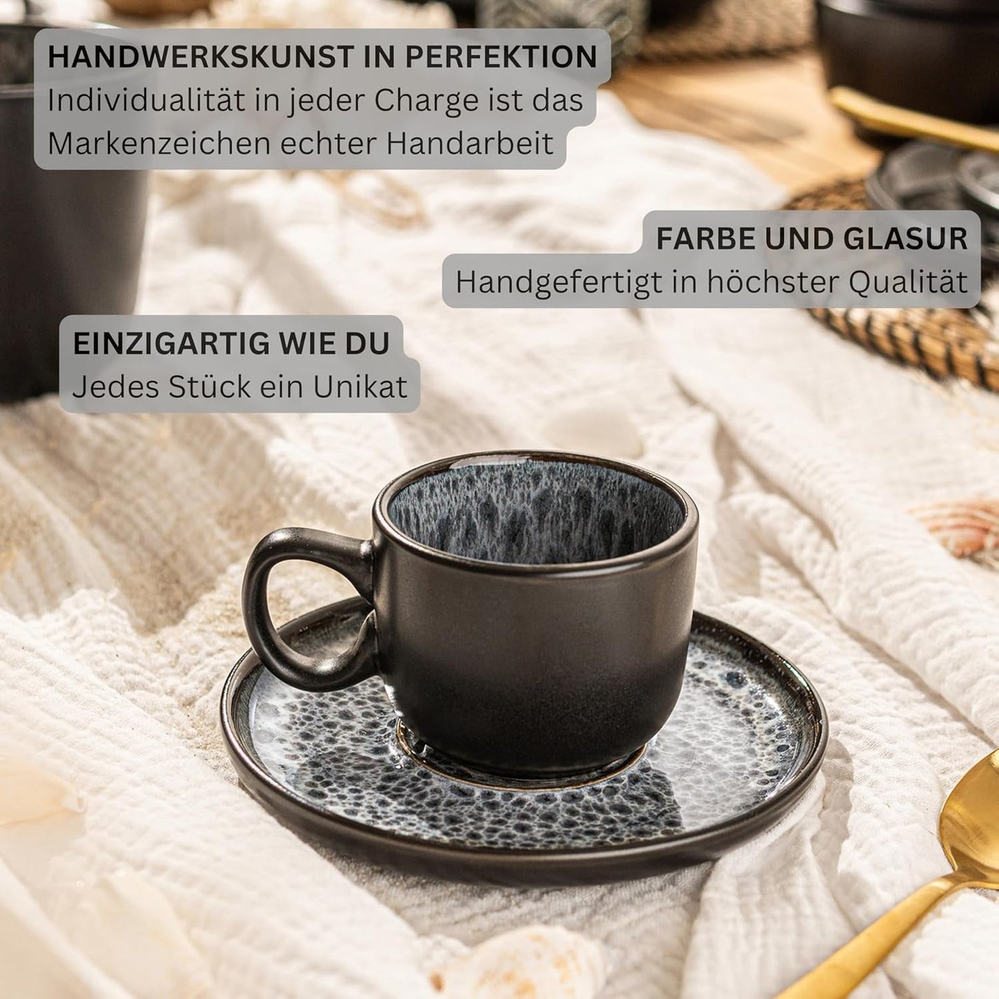 SANGER Sydney | Keramiska espressokoppar med 12 st, mockakoppar för 6, koppar och fat, diskmaskin och mikrovågssäker, mörkgrå, 80 ml | VÄRDESAMLING