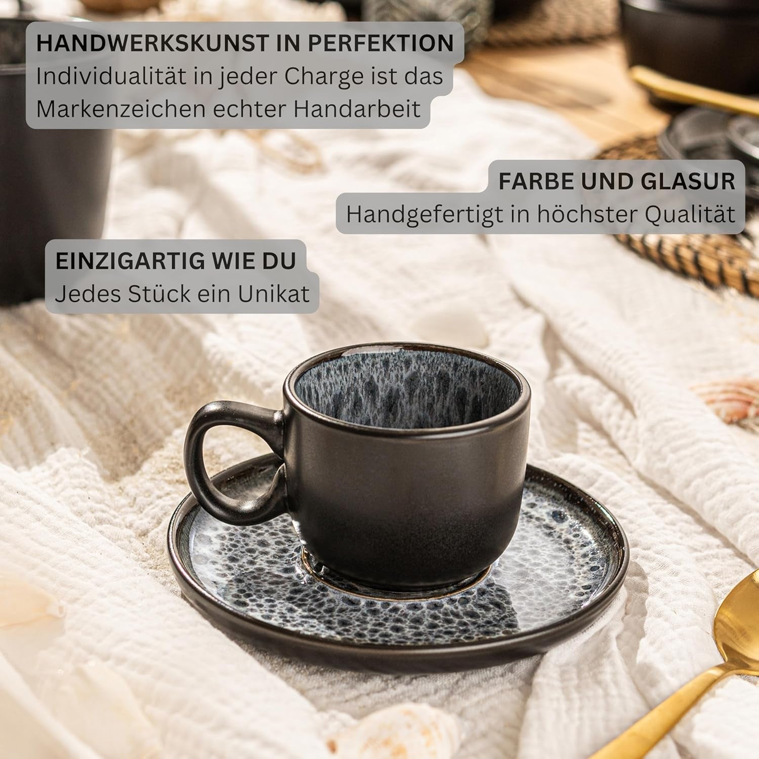 SANGER Sydney | Keramiska espressokoppar med 12 st, mockakoppar för 6, koppar och fat, diskmaskin och mikrovågssäker, mörkgrå, 80 ml | VÄRDESAMLING